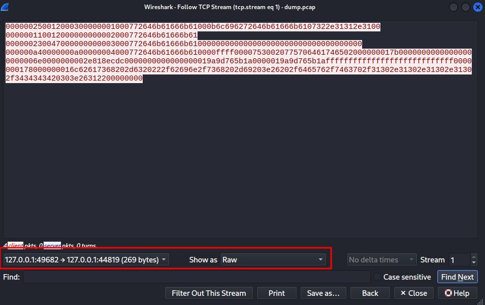 WireShark showing the hex message