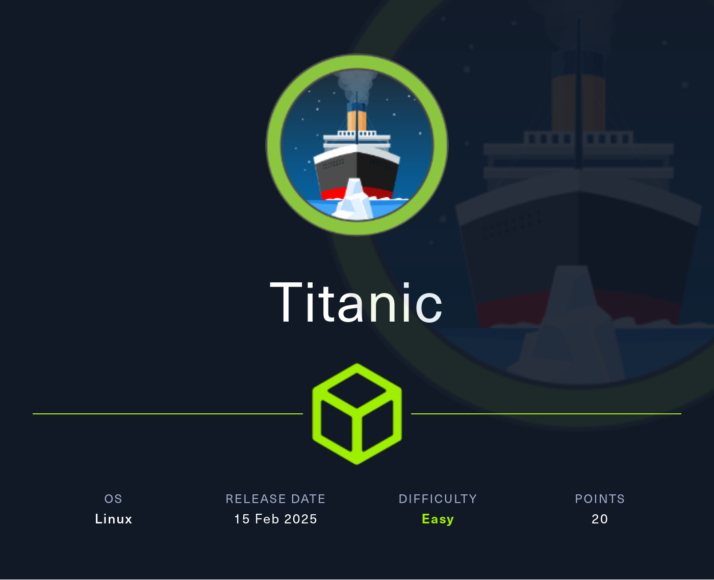 Machine Card showing Titanic as an easy Linux machine