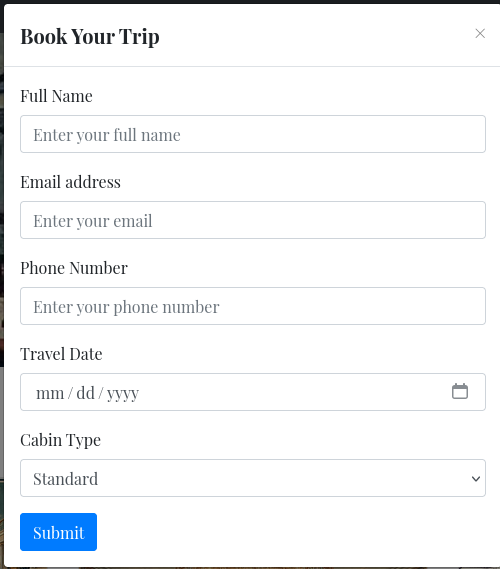 Form with personal information to book a trip