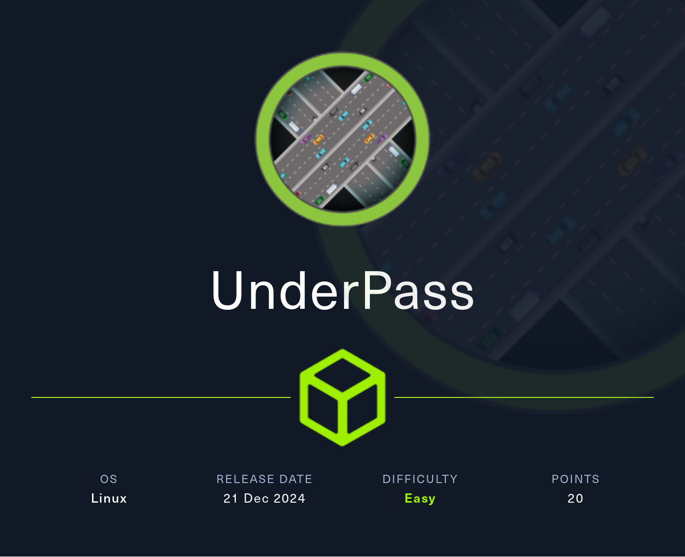 Machine Card showing UnderPass as an easy Linux machine