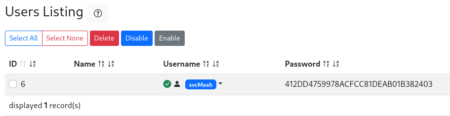 daloradius showing the list of user(s) including the password hash