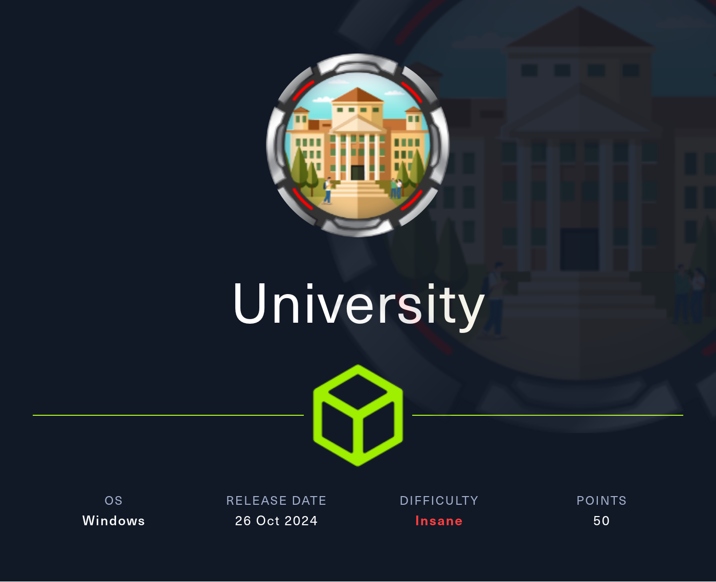 Machine Card showing University as an insane Windows machine