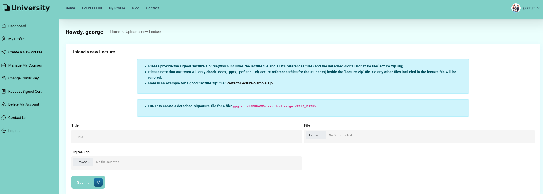 New Lecture upload form with hints