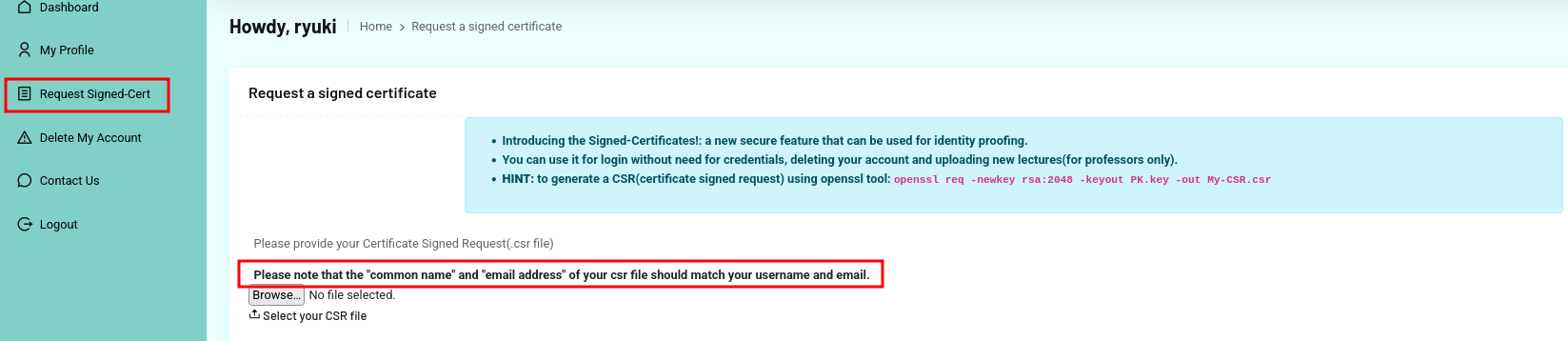 Upload form for CSR with hints how to generate one