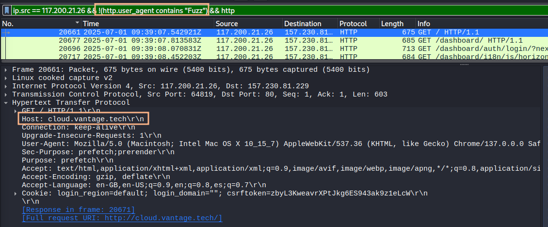 Wireshark shows a GET request to the cloud subdomain