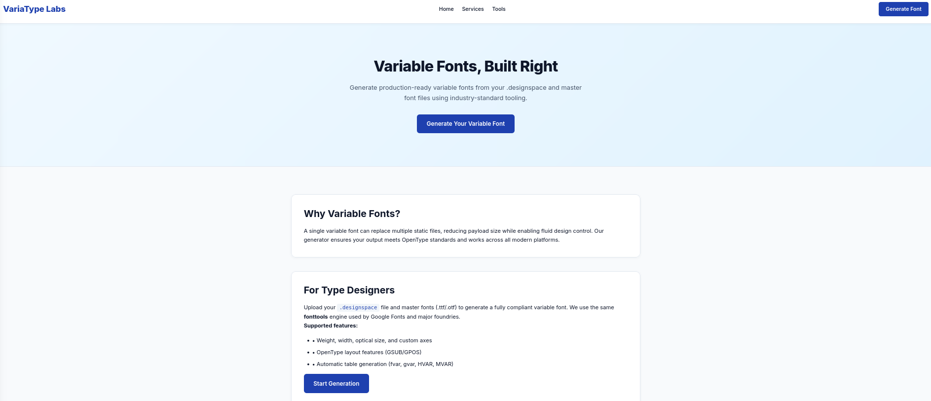 Page for VariaType Labs where one can generate variable fonts