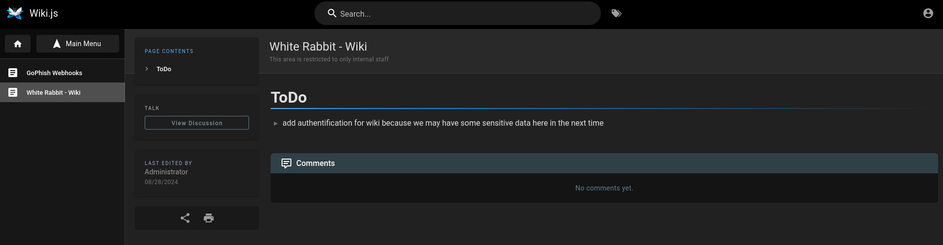 Wiki page showing ToDo regarding missing authentication